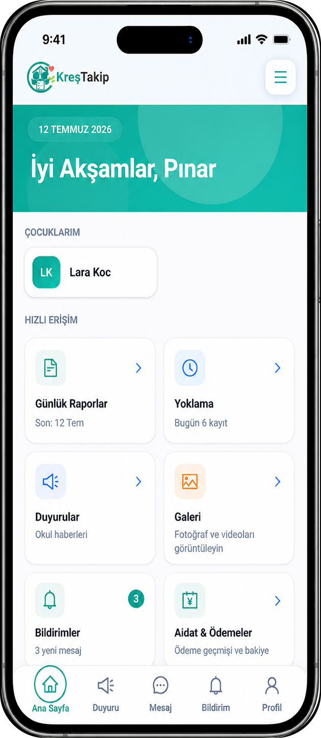 Kreş Takibi kreş mobil uygulaması — veli portalı ekran görünümü